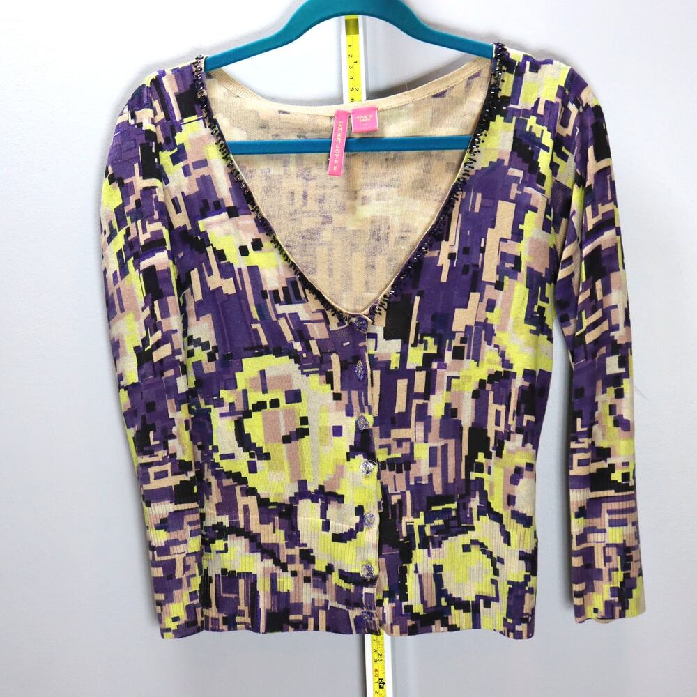 Charlotte Beaded Neckline‎ Graphic Knit Cardigan Sweater Size L Y2K